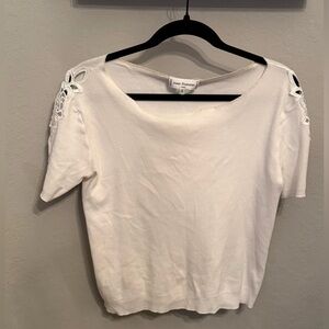 Anne Fontaine Paris White Knit Top S Lace Shoulder Short Sleeve Made in France